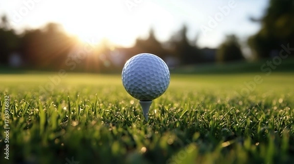 Obraz A white ball for a golf on a TI, placed on the juicy green grass of a golf field, with soft rays of the setting sun and blurry background of trees.
