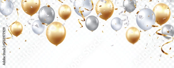 Fototapeta Gold and silver balloons with celebration confetti, banner design for happy Birthday greeting card, banner, and template backgrounds