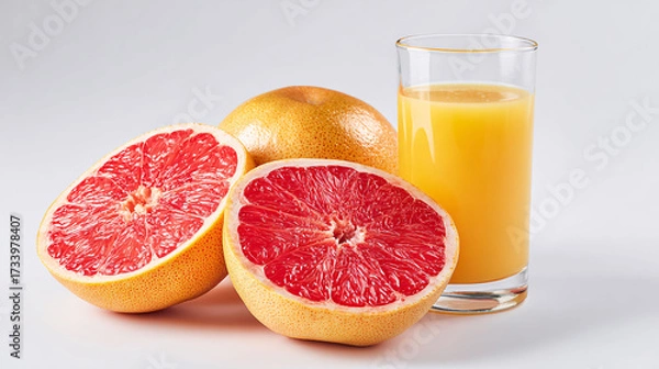 Fototapeta Fresh ruby red grapefruit halves and vibrant juice in glass, healthy breakfast concept.