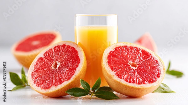 Fototapeta Fresh ruby red grapefruit halves and vibrant juice, healthy breakfast still life composition.