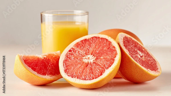 Fototapeta Fresh grapefruit slices and vibrant orange juice, healthy citrus fruits on a light wooden surface.