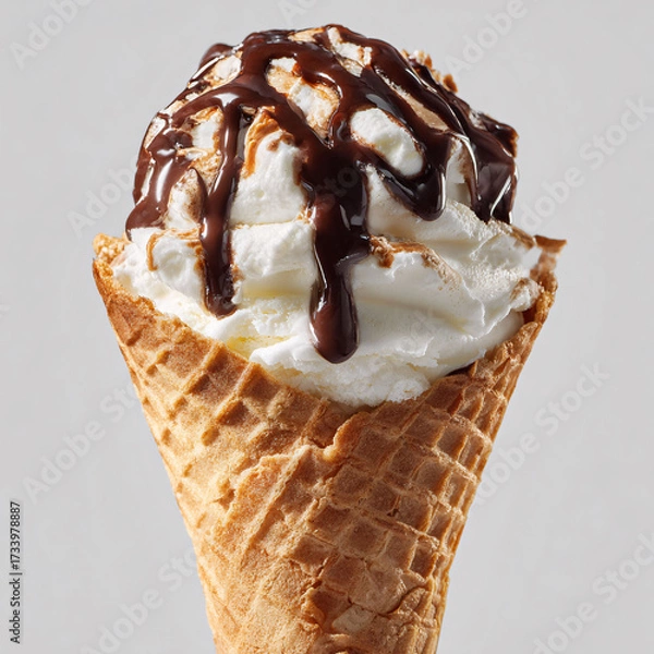 Fototapeta Delicious vanilla ice cream cone with rich chocolate drizzle, sweet treat indulgence, studio lighting.