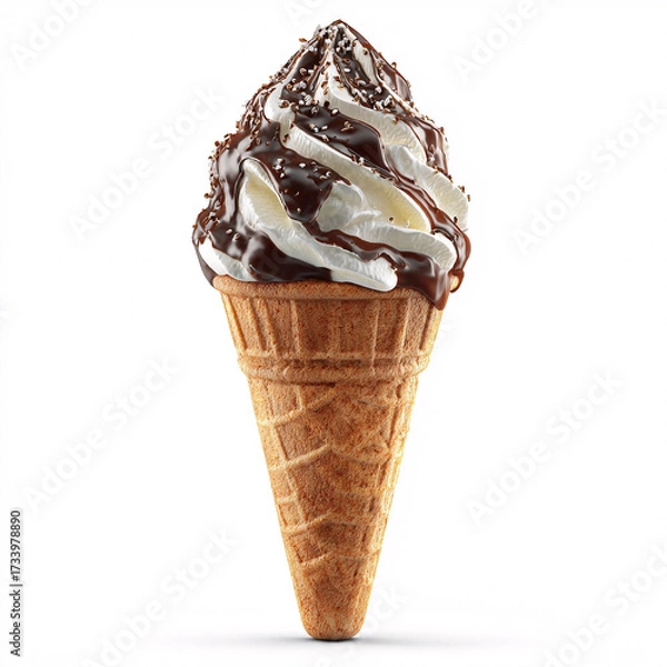 Fototapeta Decadent chocolate banana swirl soft serve ice cream cone, sweet treat indulgence, studio lighting