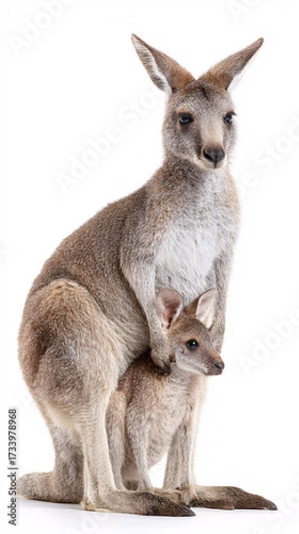 Fototapeta Mother kangaroo with joey, gentle wildlife portrait, Australian marsupial family, natural bonding concept.