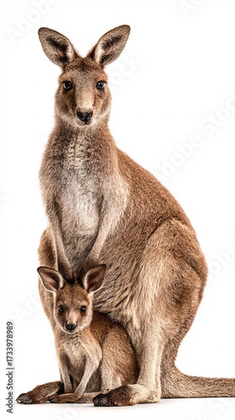 Fototapeta Mother kangaroo with joey in pouch, gentle wildlife portrait, australian fauna, isolated on white background