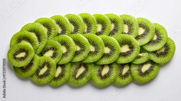 Fototapeta Fresh kiwi slices arranged in a pattern on a white background, healthy fruit concept.