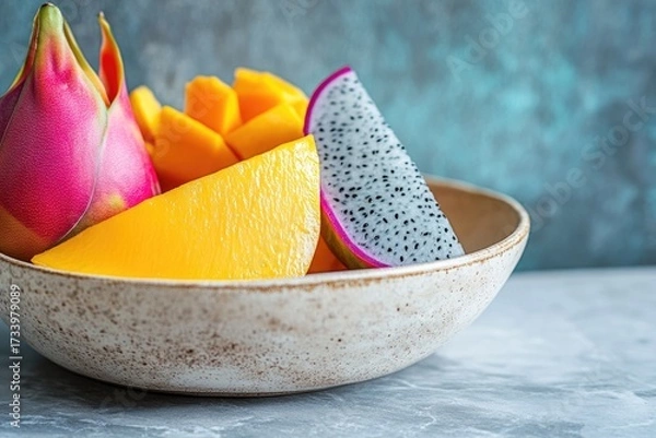 Fototapeta A vibrant mix of tropical fruits, including sliced dragon fruit and ripe mango pieces, artfully arranged in a rustic bowl.