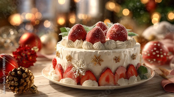 Obraz 彩る苺と生クリームのクリスマスケーキ