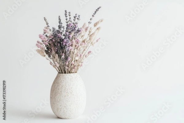 Fototapeta A rustic bouquet of dried lavender, light pink flowers, and beige grasses displayed in a textured white vase on a minimalist background.