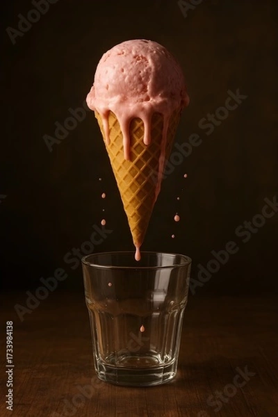 Fototapeta Melting Ice Cream Cone Above a Glass of Milk