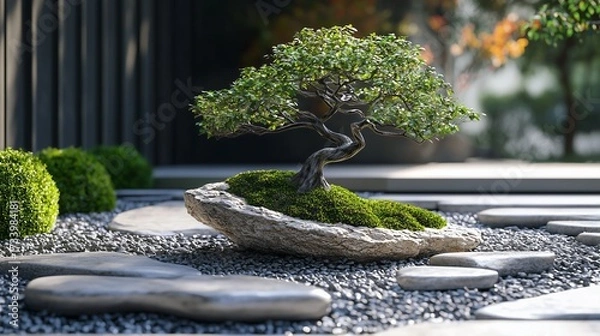 Fototapeta Minimalist garden scene with neatly arranged stones and a single bonsai tree.