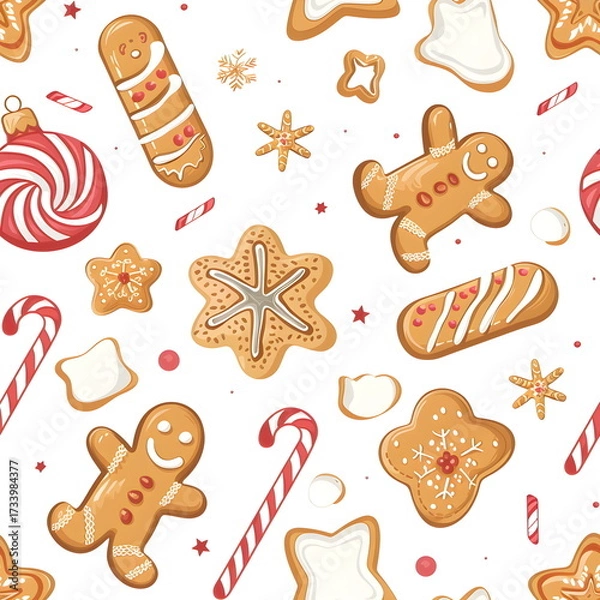 Fototapeta Seamless Christmas pattern with gingerbread cookies, stars, snowflakes and candy canes in cozy holiday style, warm festive colors on a clean white background, elegant seasonal design, seamless repeat 