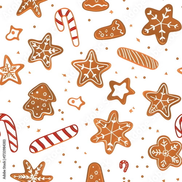 Fototapeta Seamless Christmas pattern with gingerbread cookies, stars, snowflakes and candy canes in cozy holiday style, warm festive colors on a clean white background, elegant seasonal design, seamless repeat 