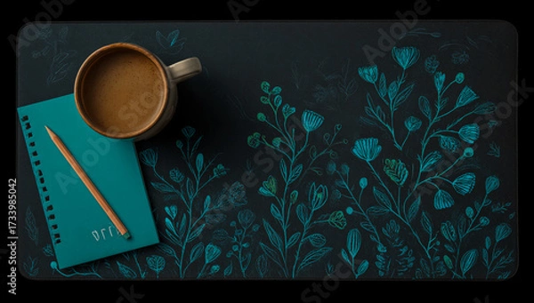 Fototapeta Cozy overhead view of a warm coffee mug resting on a teal notebook with a pencil and dark floral background