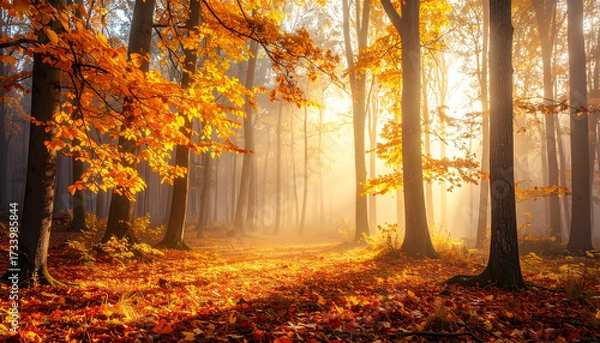 Fototapeta Mysterious Foggy Autumn Forest with Golden Leaves and Soft Morning Light