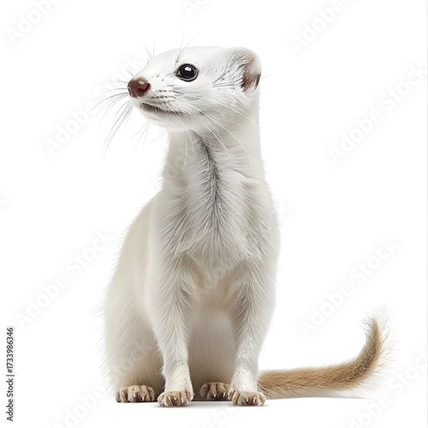 Fototapeta Realistic full body portrait of an ermine in pure white winter coat, standing in side view, isolated on white background, slender body, bright black eyes, cinematic photography, high resolution, sharp