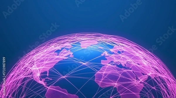 Fototapeta Glowing streams of light connecting a globe to a network of thriving businesses.