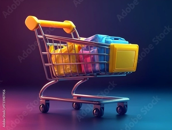 Obraz colorful three dimensional shopping cart filled with vibrant gift boxes and packages on gradient purple blue background concept