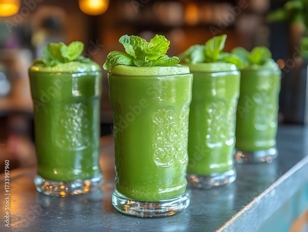 Obraz  fresh green smoothie drinks with mint garnish served in textured glasses at modern cafe bar counter