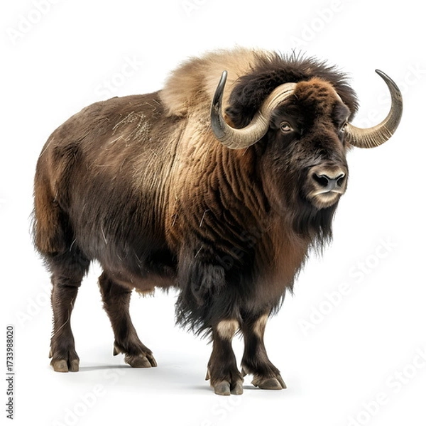 Fototapeta Realistic full body portrait of a musk ox standing in side view, isolated on white background, massive shaggy animal with thick dark brown winter coat, curved horns, calm eyes, cinematic photography, 