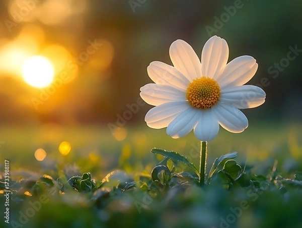 Obraz delicate white daisy flower blooming in golden sunset light with soft bokeh background in natural meadow