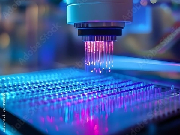 Obraz automated laboratory pipette dispensing liquid samples into multiwell plate for scientific research and medical testing analysis