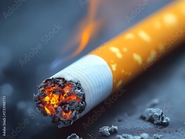 Obraz burning cigarette with glowing ember and rising smoke on dark surface closeup