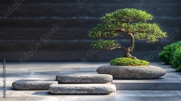Fototapeta Minimalist garden scene with neatly arranged stones and a single bonsai tree.