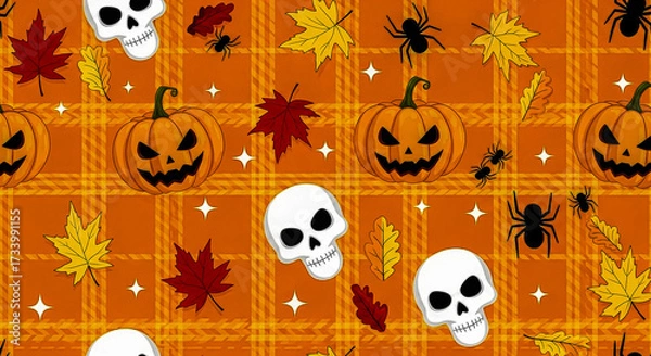 Fototapeta An autumn plaid-inspired Halloween pattern filled with sinister pumpkins skulls colorful fall leaves and creepy spiders crawling blending festive fall coziness with spooky haunted Halloween energy  