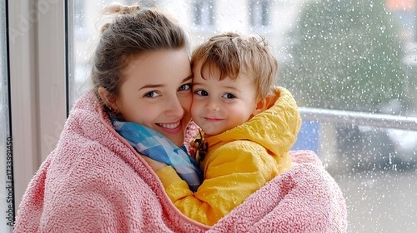 Fototapeta Single mom comforting a child during a rainy evening, both wrapped in a warm blanket by the window, with raindrops softly falling outside.