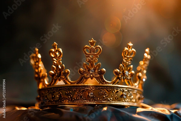 Fototapeta Fantastic beautiful king or queen crown from vivid gold material for coronation, abstract vivid composition consists of fictional unreal fantastic vision on background for diverse creative work