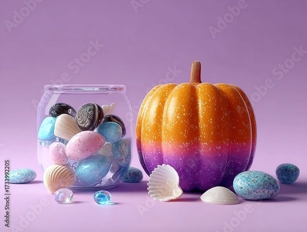 Obraz 3D Render of Plasticine Pumpkin: Glass Seashells Filled, Neon Purple-Blue Gradient (White Background, Ethereal Details, Pastels, Hyper-Realistic Water)