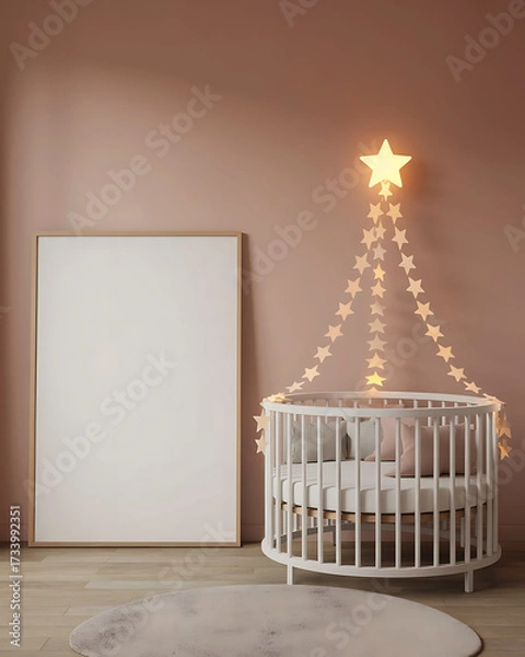 Fototapeta Elegant Baby Room Interior with Round Crib Blank Frame and Starry Light Decoration in a Modern Minimalist Style Ideal for Mockup Presentation and Nursery Decor Inspiration