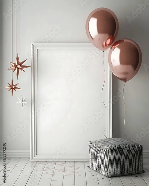 Fototapeta Festive Mockup with Rose Gold Balloons and Star Decorations Creating a Celebratory Atmosphere for Displaying Art or Messages