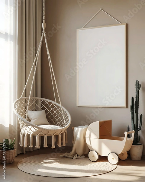 Fototapeta Serene Nursery Interior with Hanging Chair Artwork and Vintage Toy Stroller Creating a Cozy and Dreamy Atmosphere for Relaxation and Imagination