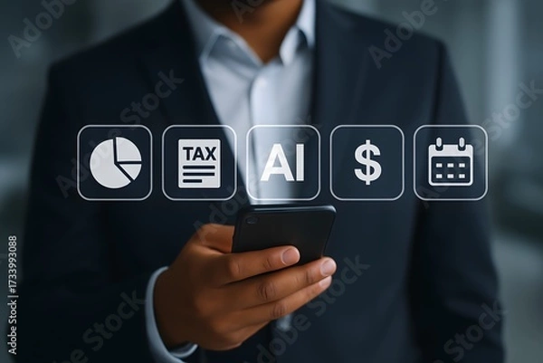 Fototapeta AI technology in finance and accounting. preparing tax return, with artificial intelligence tools. Accounting paycheck documentation and financial fee incentive. businessman with virtual icon.