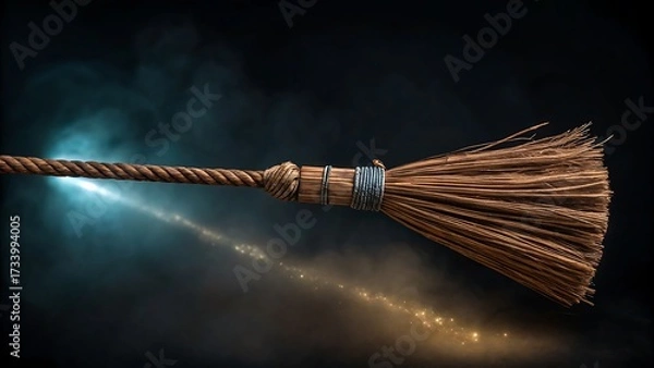 Fototapeta Fantasy magic broom made of rope flying with glowing sparkles

