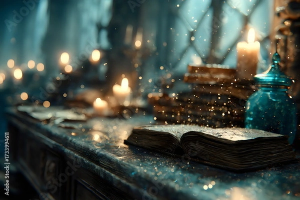 Fototapeta Dust dances in the air as candles illuminate an old library filled with mysterious books and artifacts during twilight