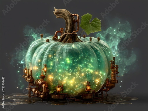 Fototapeta Unique green glowing pumpkin with metallic pipes creating an enchanting effect during a mystical evening