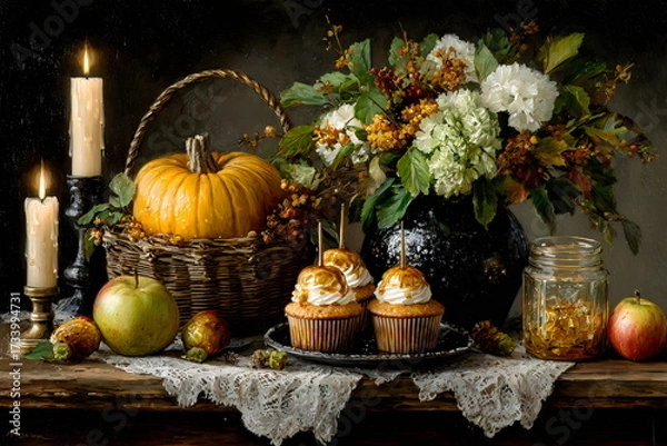 Fototapeta Colorful fall display featuring cupcakes, pumpkins, candles, and flowers on an old wooden table in a cozy setting