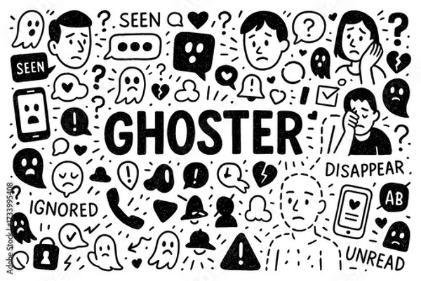 Obraz ghosting concept with sad faces, broken heart phone and unread messages doodle style, Transparent Background