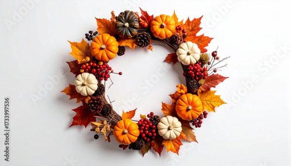 Fototapeta Rustic Autumn Wreath with Dry Leaves, Berries, and Pumpkins - Isolated