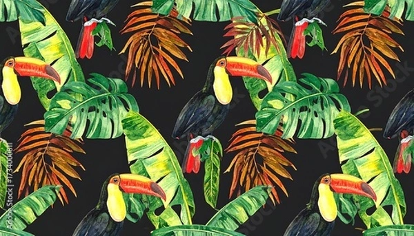 Fototapeta Watercolor toucans and tropical foliage on dark background; seamless pattern