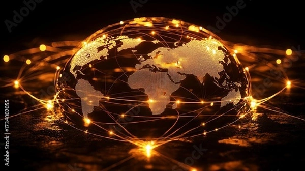 Fototapeta Glowing streams of light connecting a globe to a network of thriving businesses.