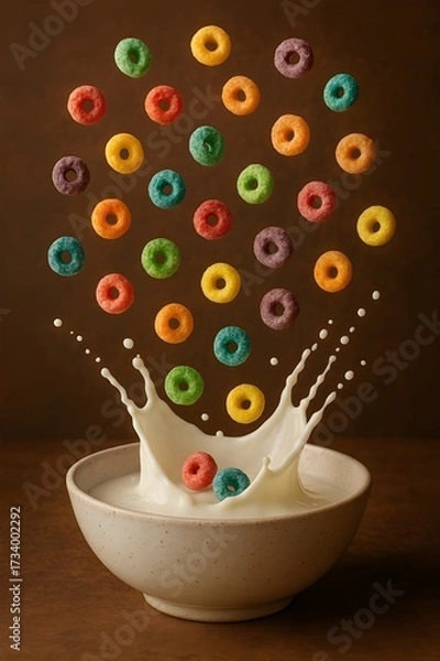 Fototapeta Cereal Falling into a Bowl with Splashing Milk
