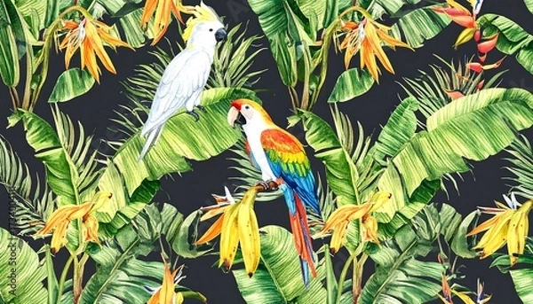 Fototapeta Watercolor tropical birds and banana leaves on dark background, seamless pattern
