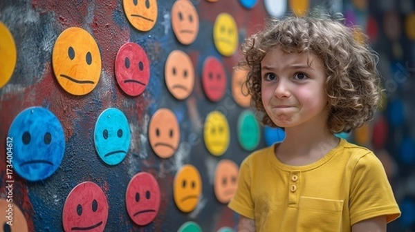 Fototapeta A boy practicing emotional skills with a feelings chart.