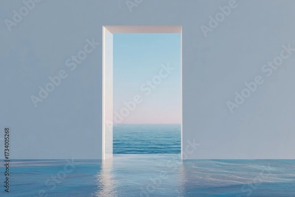 Fototapeta Serene doorway leads to tranquil ocean, blending colors of sky a