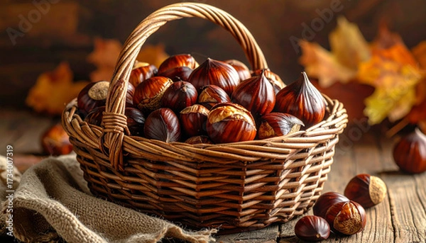 Fototapeta Close-up of Roasted Chestnuts in a Rustic Basket 