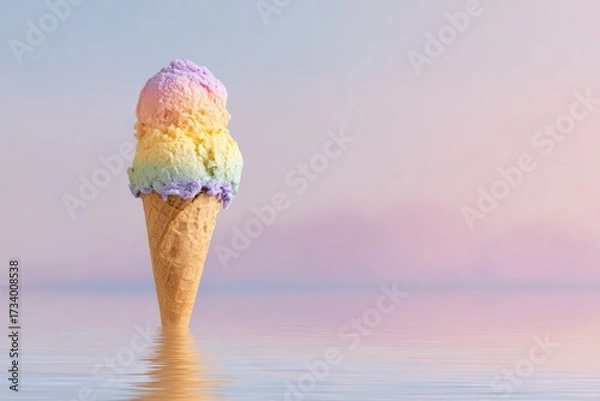 Fototapeta Delicate ice cream cone stands gracefully in serene water, paste